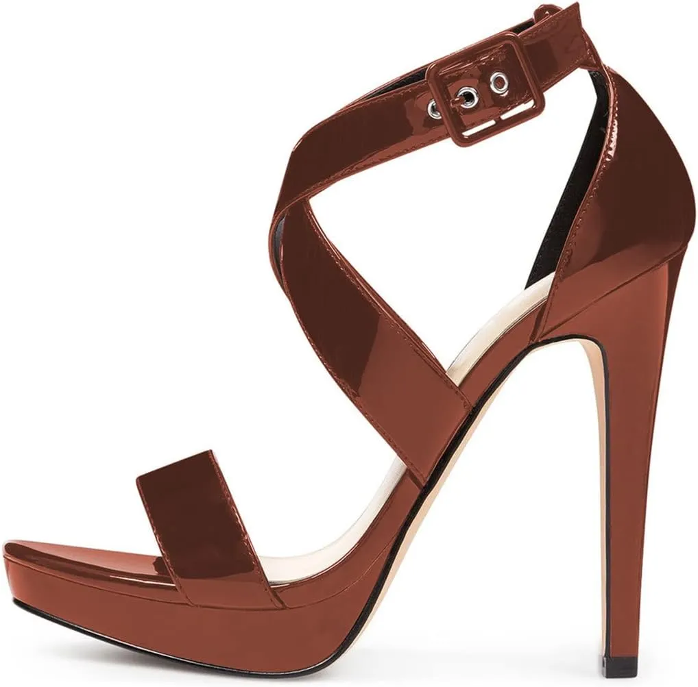 XYD Sexy Low Platform High Heel Sandals Crossover Strappy Open Toe Pumps Patent Leather Pub Party Shoes for Women