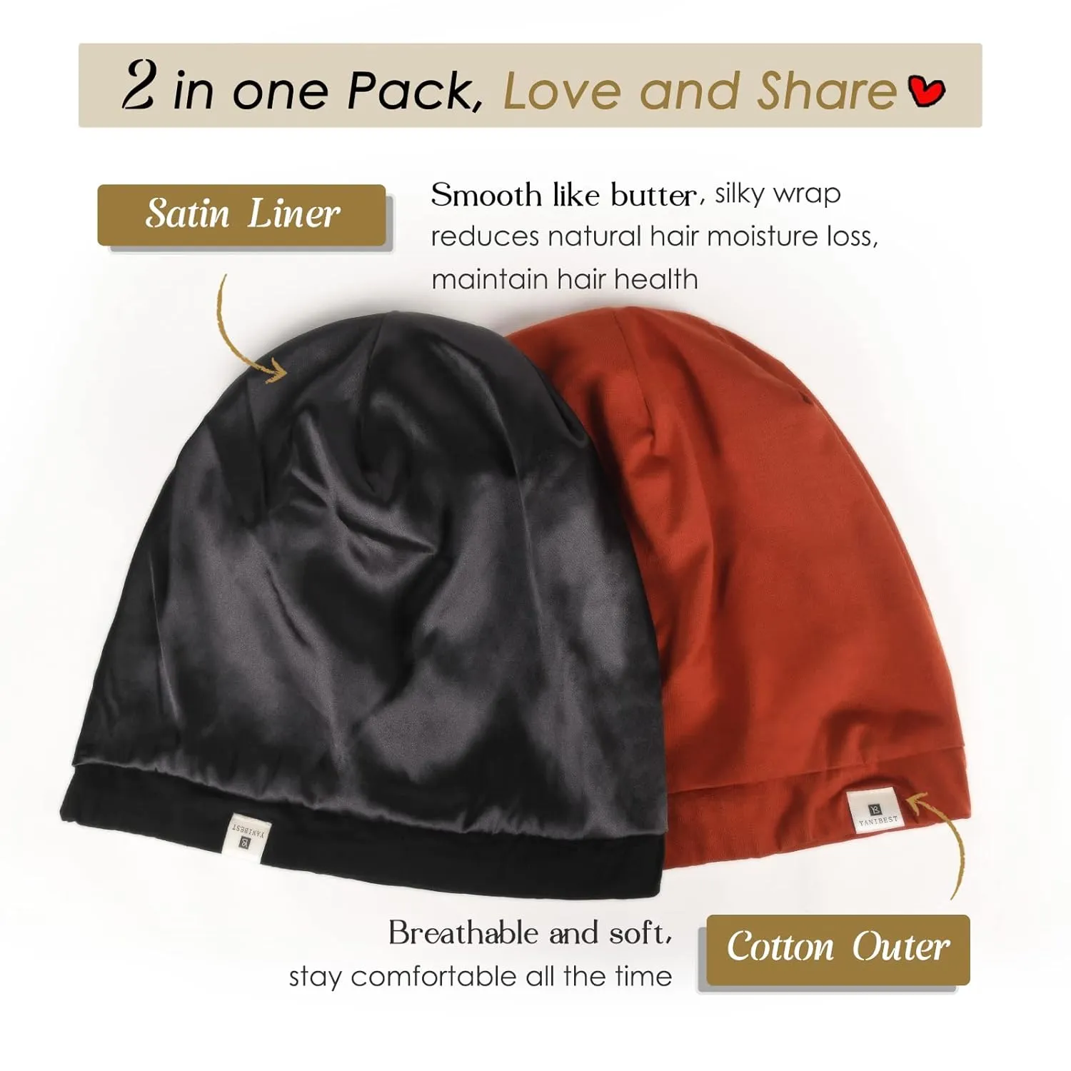 YANIBEST 2 Pcs Silk Bonnet Satin Bonnet Hair Bonnet for Sleeping - Adjustable Saty on Satin Lined Slouchy Beanie Hat for Women