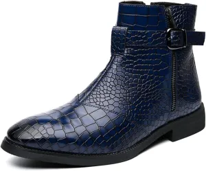 Yuizko Men'S Print Leather Side Zipper Chelsea Ankle Boots Fashion Low-Heels Pointed Toe Buckle Casual Dress Short Booties