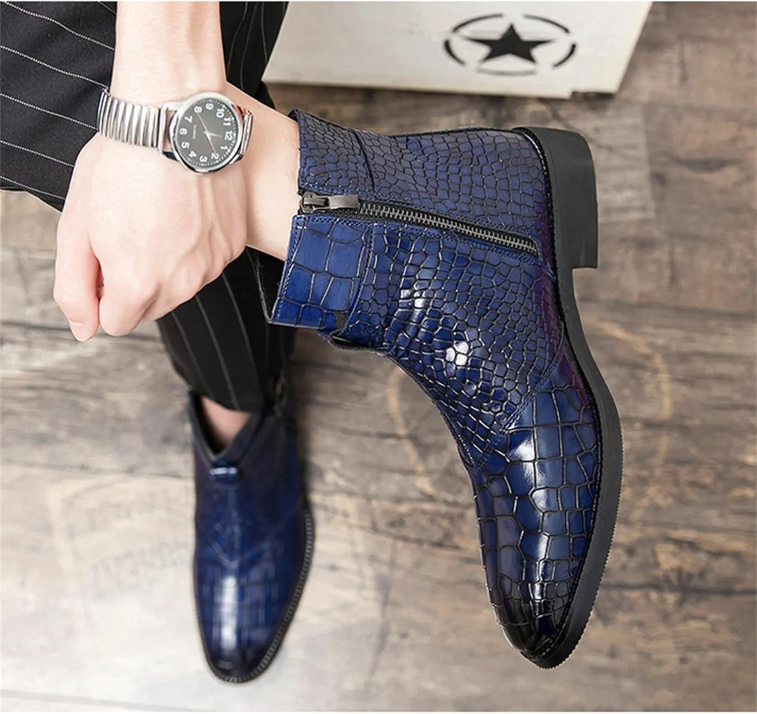 Yuizko Men'S Print Leather Side Zipper Chelsea Ankle Boots Fashion Low-Heels Pointed Toe Buckle Casual Dress Short Booties