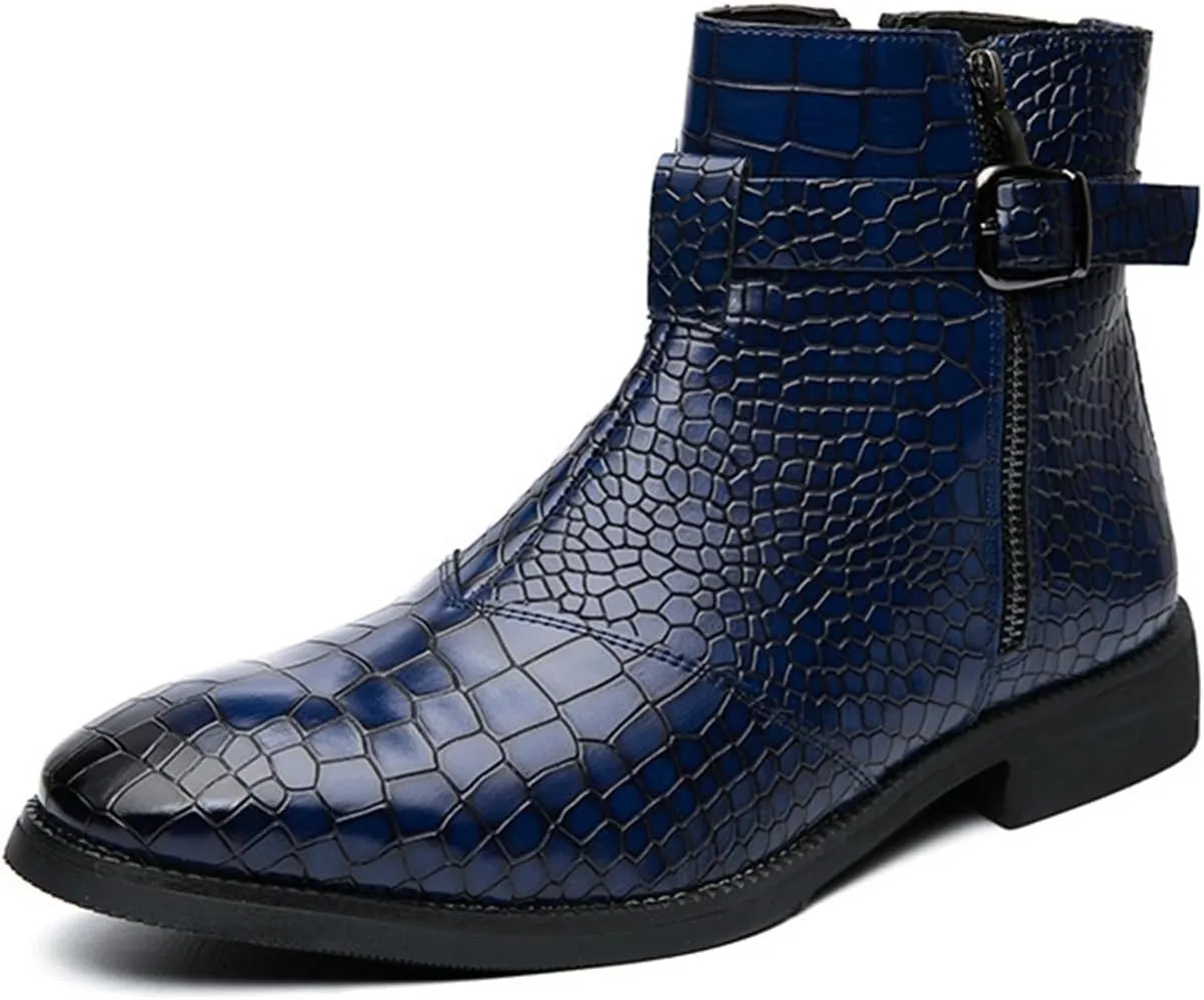 Yuizko Men'S Print Leather Side Zipper Chelsea Ankle Boots Fashion Low-Heels Pointed Toe Buckle Casual Dress Short Booties