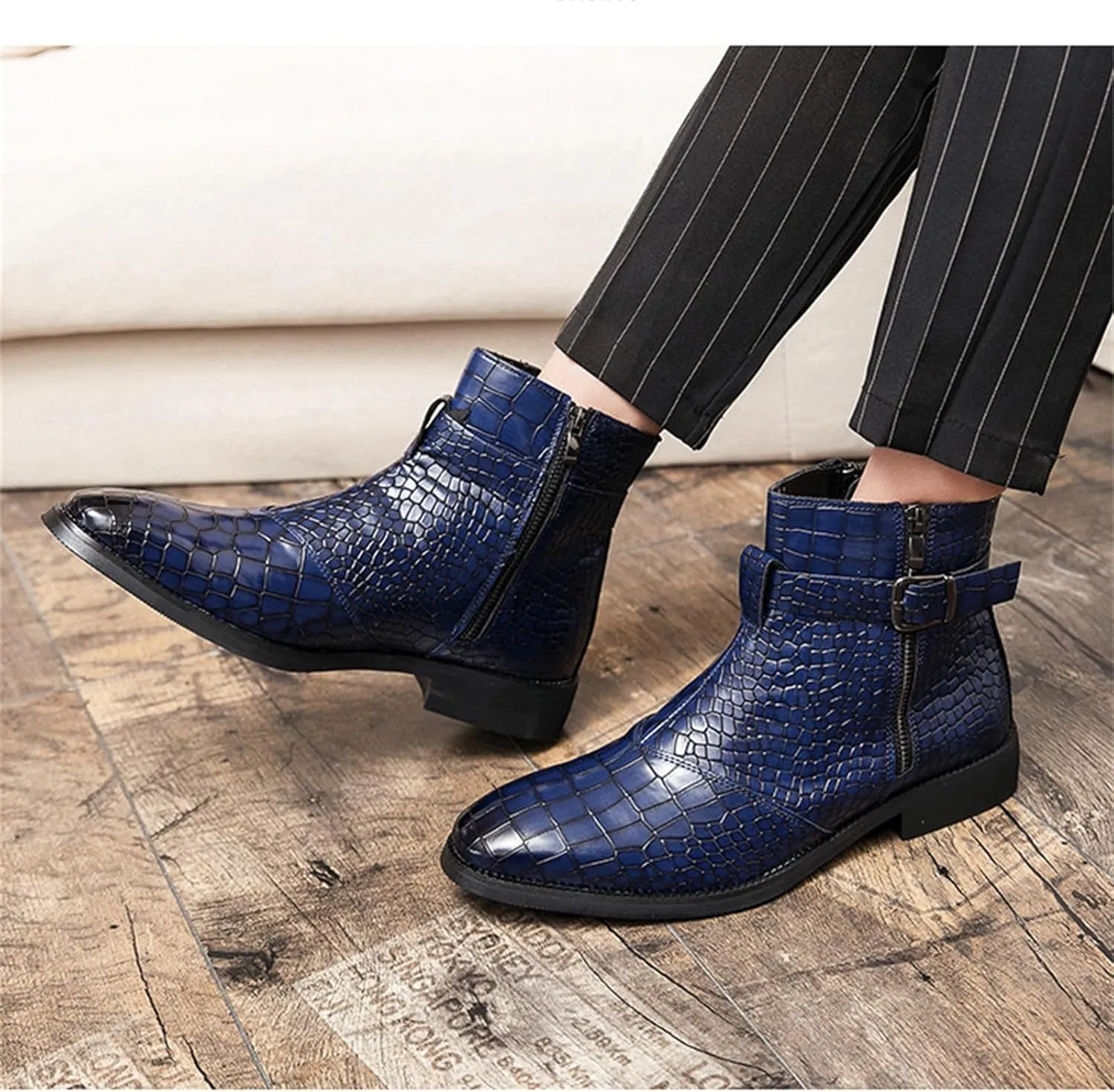 Yuizko Men'S Print Leather Side Zipper Chelsea Ankle Boots Fashion Low-Heels Pointed Toe Buckle Casual Dress Short Booties