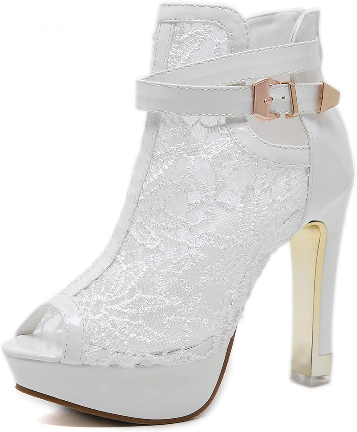 ZBYY Women's Lace Peep Toes High Heels Ankle Boots Open Toe Lace Slip On Wedding Pumps Bride Dress Platform Sandals