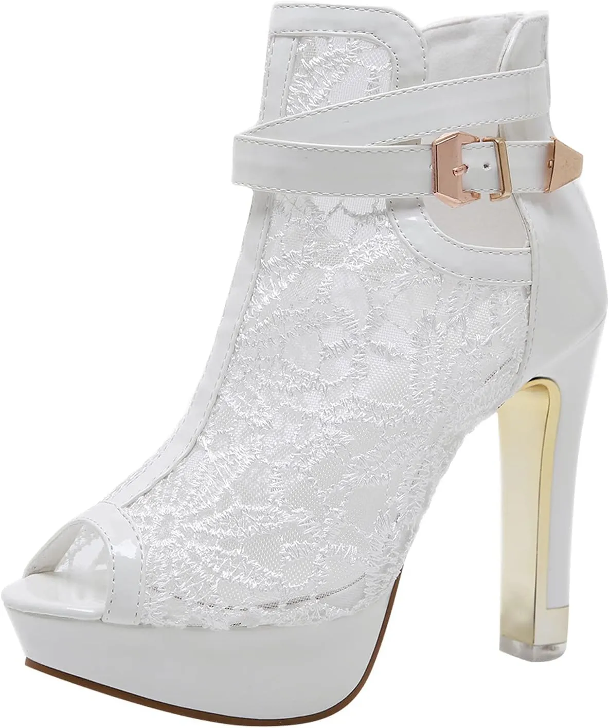 ZBYY Women's Lace Peep Toes High Heels Ankle Boots Open Toe Lace Slip On Wedding Pumps Bride Dress Platform Sandals